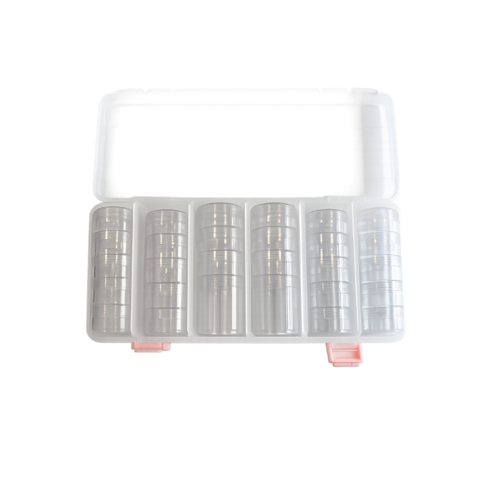 Transparante nail art opbergbox met 28 lege stapelpotjes voor glitter, Swarovski steentjes, pigmenten en nail art decoraties.